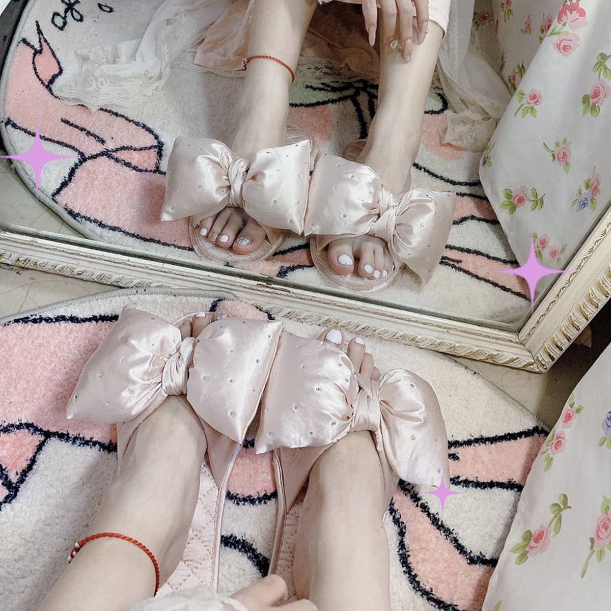 NEW STYLE BIG BOW SATIN HOME SLIPPERS FOR WOMEN_CWMM2963