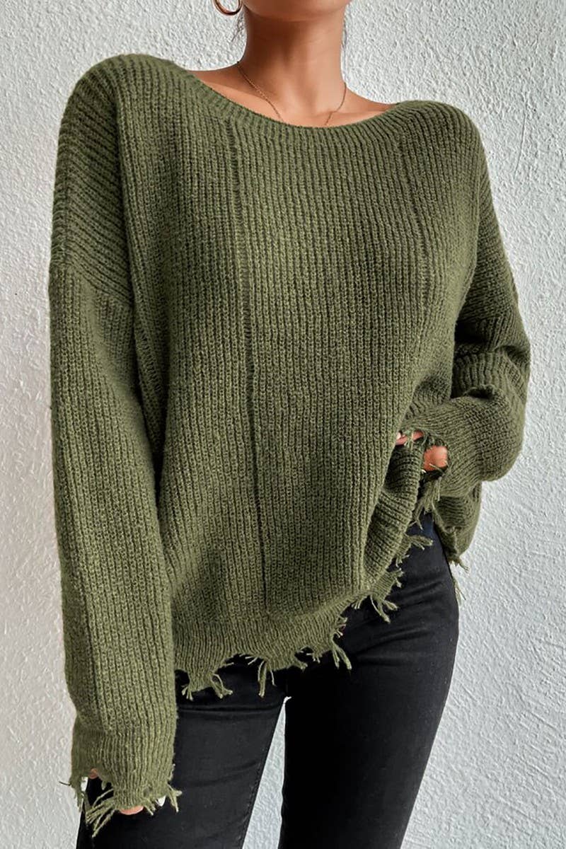 CWOSWL07632_LOOSE-FITTING DISTRESSED RAW-EDGE KNIT TOP