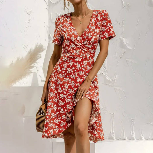 SEXY V NECK LACE UP FLORAL DRESS_CWDSD2629