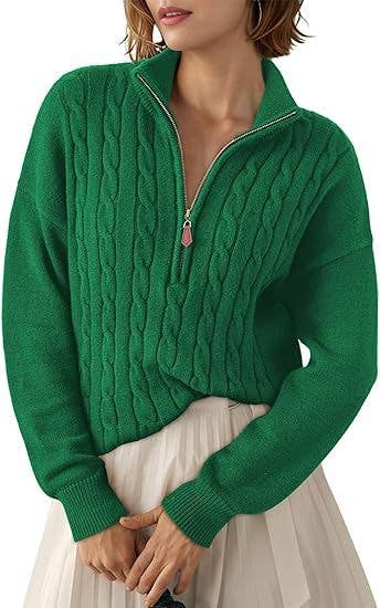 Semi-high neck zipper ribbed twist knit sweater