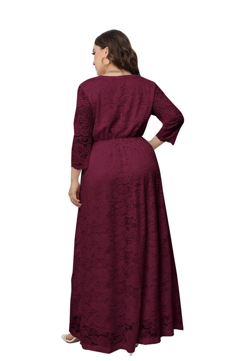 CWDMD3208_PLUS SIZE V NECK LACE LONG GOWN DRESS