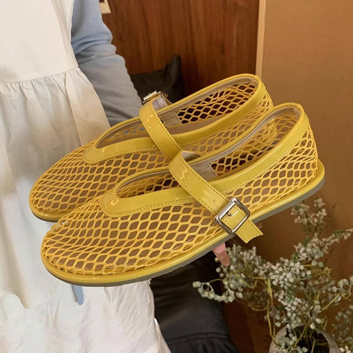 Flat Round Toe Mesh Mary Jane Ballet Sandals