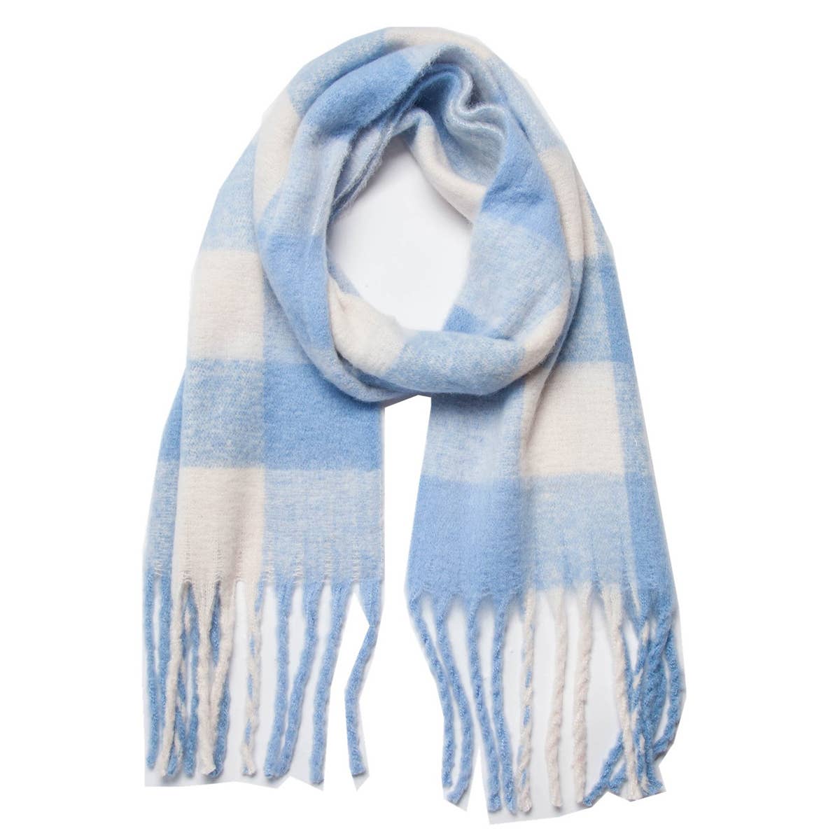 Chunky Plaid Mohair-Look Scarf with Fringes