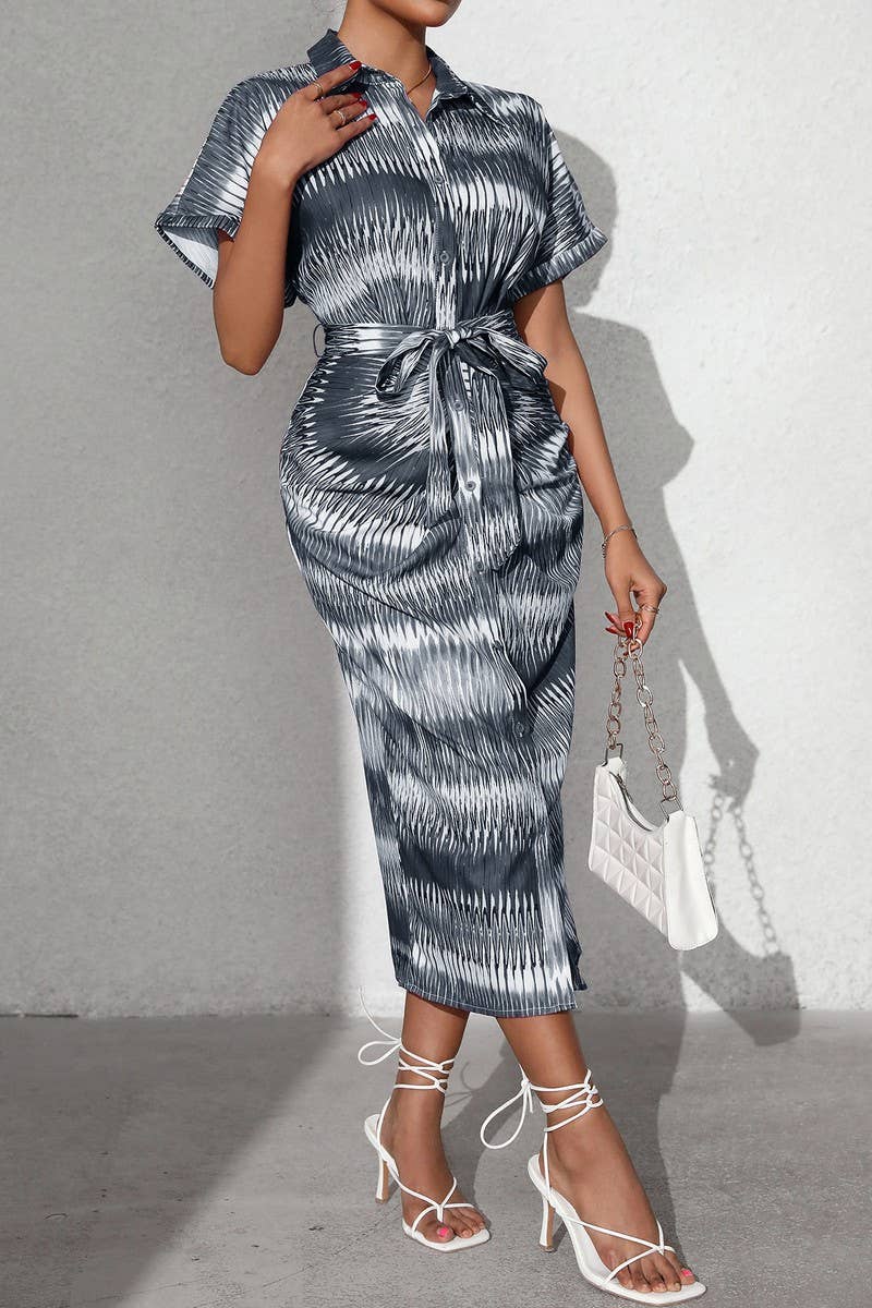 CWDMD5342_STRIPED TIE WAIST BUTTON FRONT MIDI SKIRT DRESS