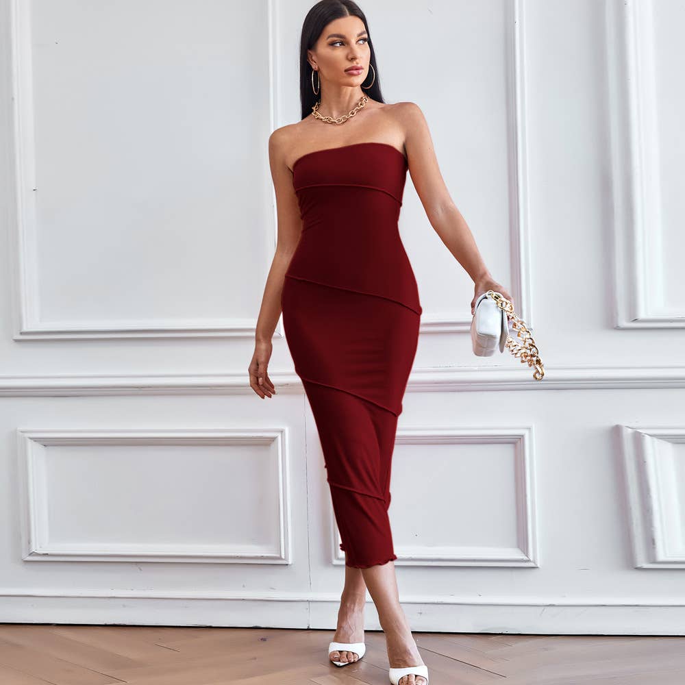 Sexy strapless hip-hugging solid-colored dress