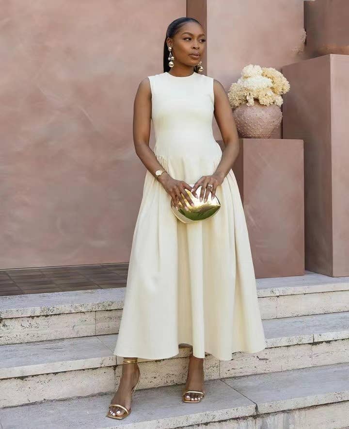 Sleeveless solid-color vest dress with large hem