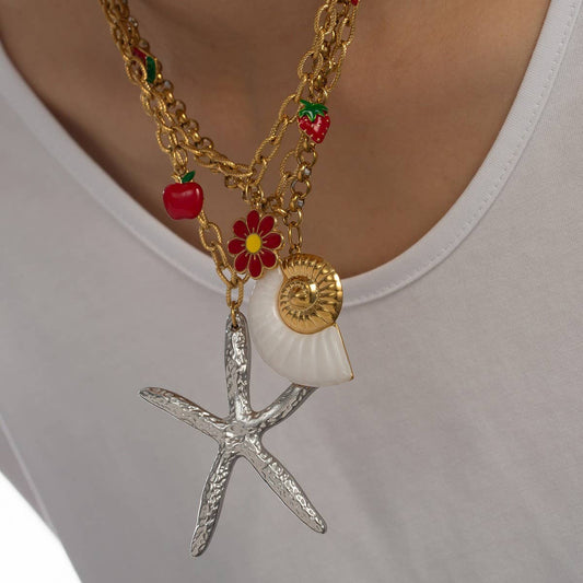 Bold Ocean Steel Necklace with Starfish & Shell_CWMM8852