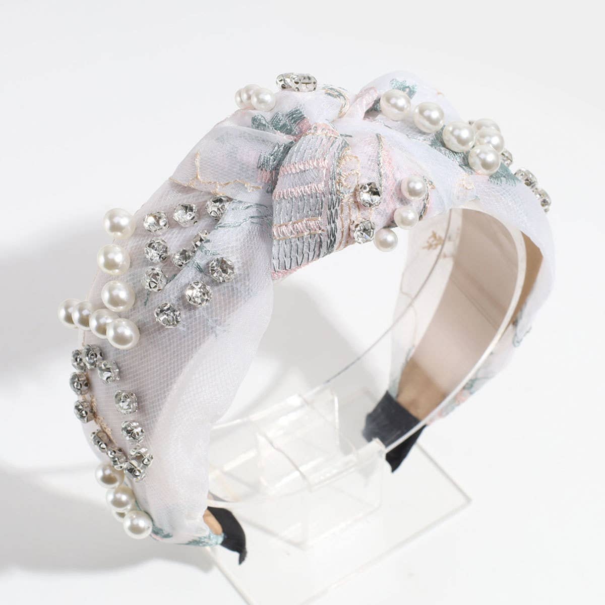 PEARL AND RHINESTONE EMBROIDERED KNOTTED HEADBAND_CWAHA2305