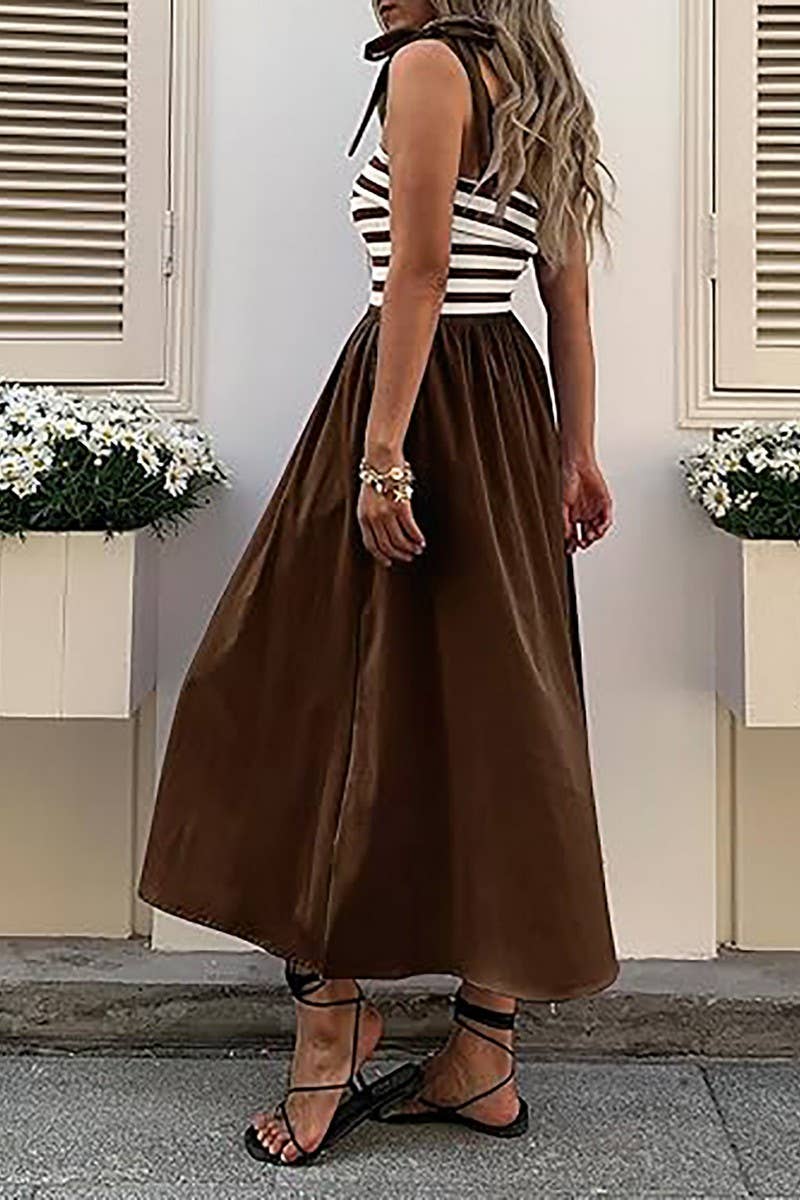 CWDMD5701_SLEEVELESS TIE POCKET STRIPED BEACH DRESS