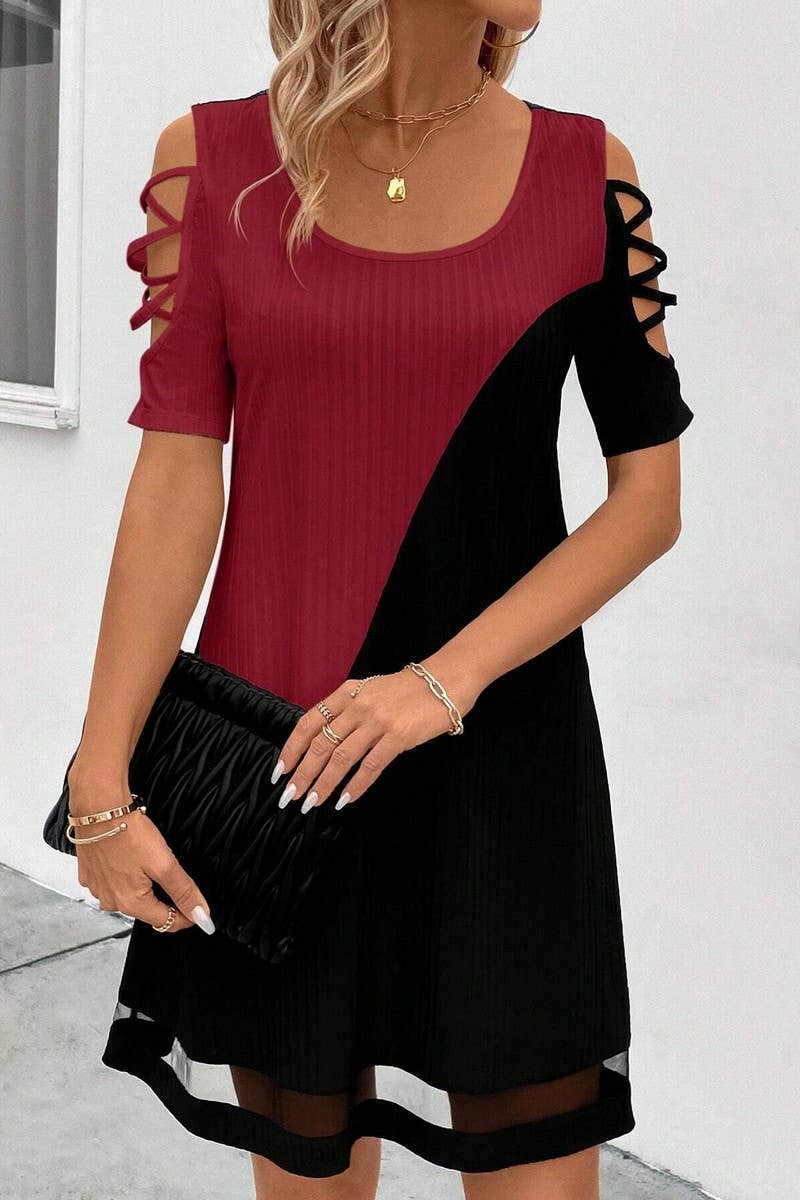 CWDSD7555_TEMPERAMENT COLOR MATCHING HOLLOW MESH DRESS