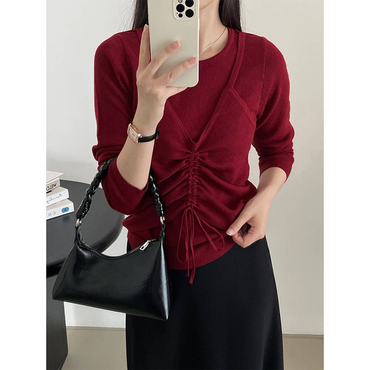 Fake two drawstring slimming knit long-sleeved tops