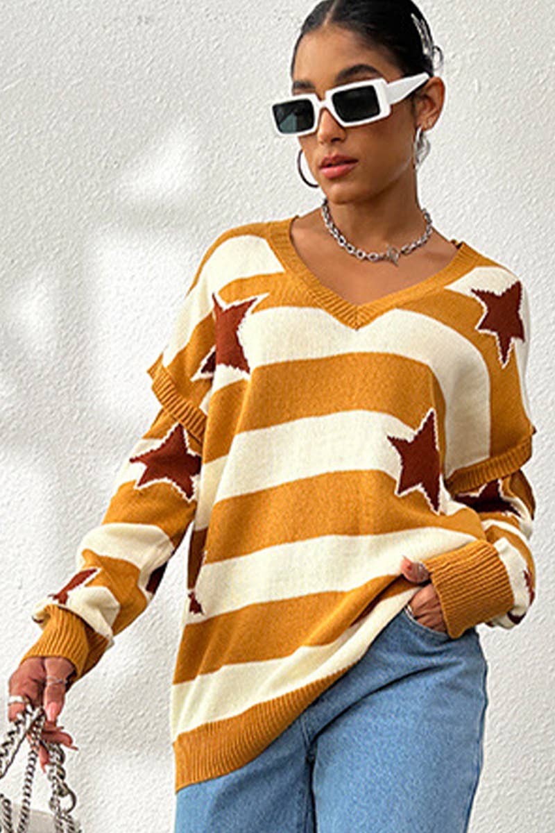 V-NECK PATCHWORK LONG SLEEVE STRIPED SWEATER
