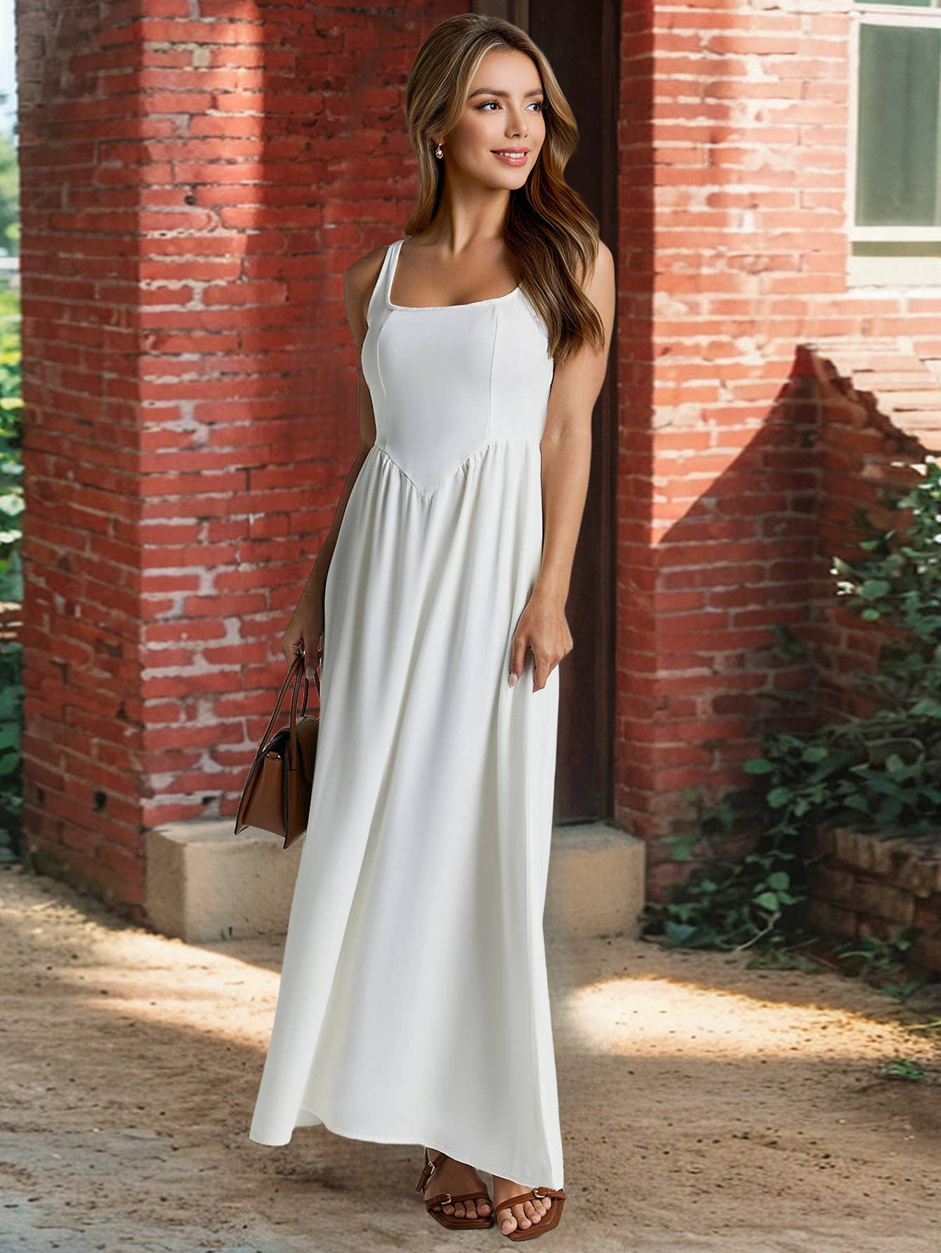 Solid-color elegant square-neck halter dress