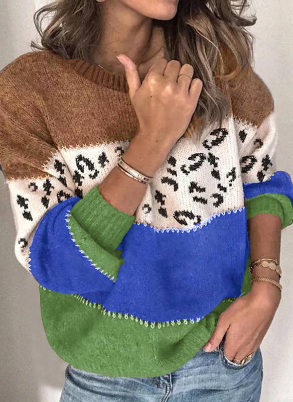 LEOPARD PRINT PATCHWORK FASHION KNIT PULLOVER