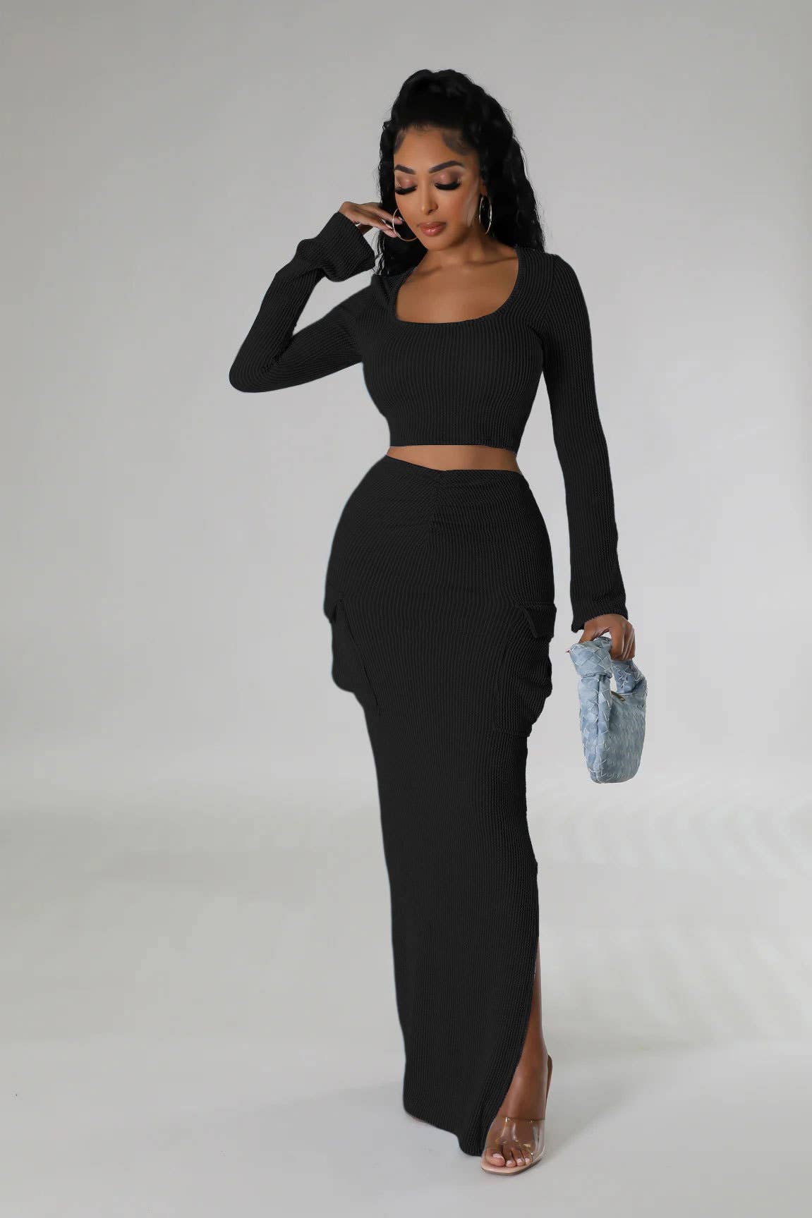 U-NECK TIGHT TOP LONG SKIRT TWO-PIECE SET