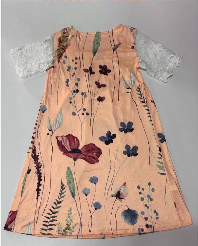 Square collar lace patchwork floral loose dress