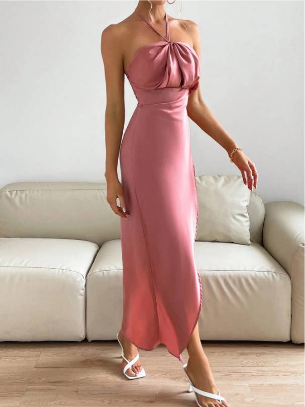 Solid color split neck halter halter dress