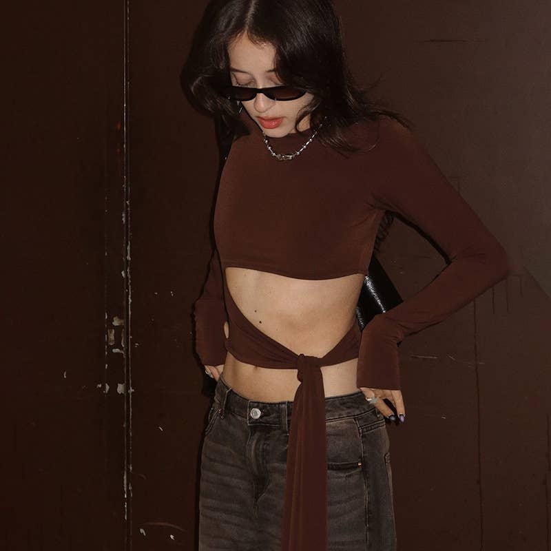 STYLISH SEXY SPICE CREW NECK LACE-UP T-SHIRT