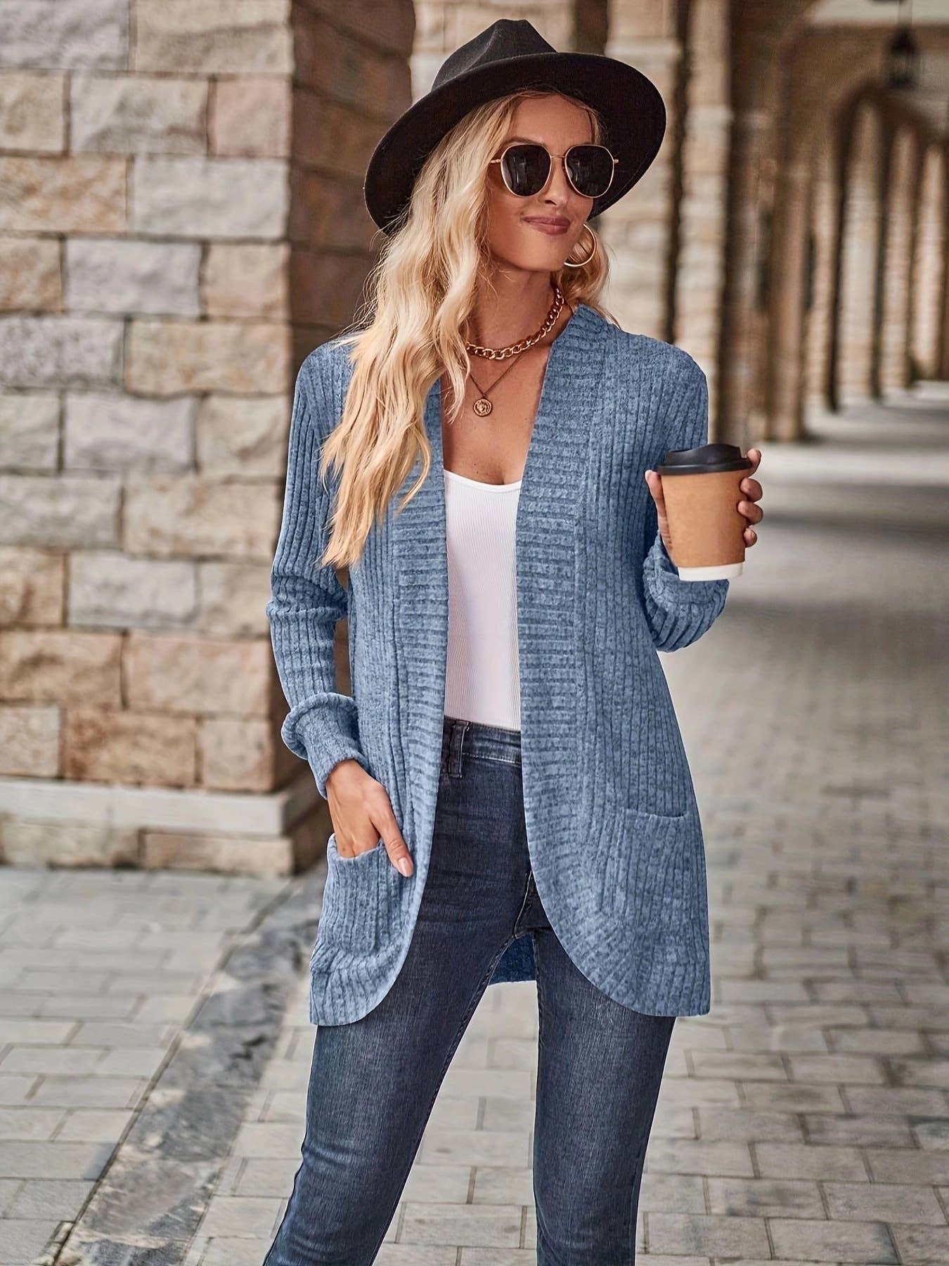 SOLID COLOR WOOLEN PATCHWORK LONG SLEEVE CARDIGAN