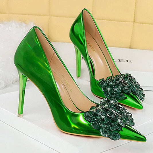 SHALLOW POINTED TOE CRYSTAL BOW HIGH HEELS