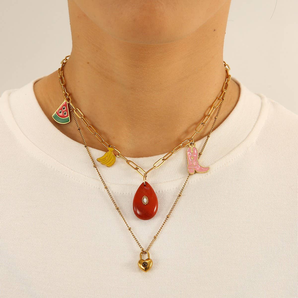 Fruit Pendant Necklace with Stone & Cotton Cord