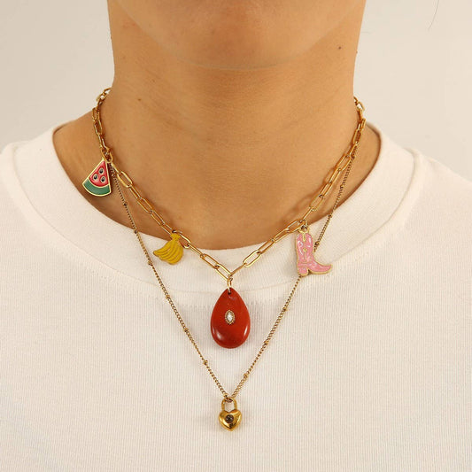Fruit Pendant Necklace with Stone & Cotton Cord