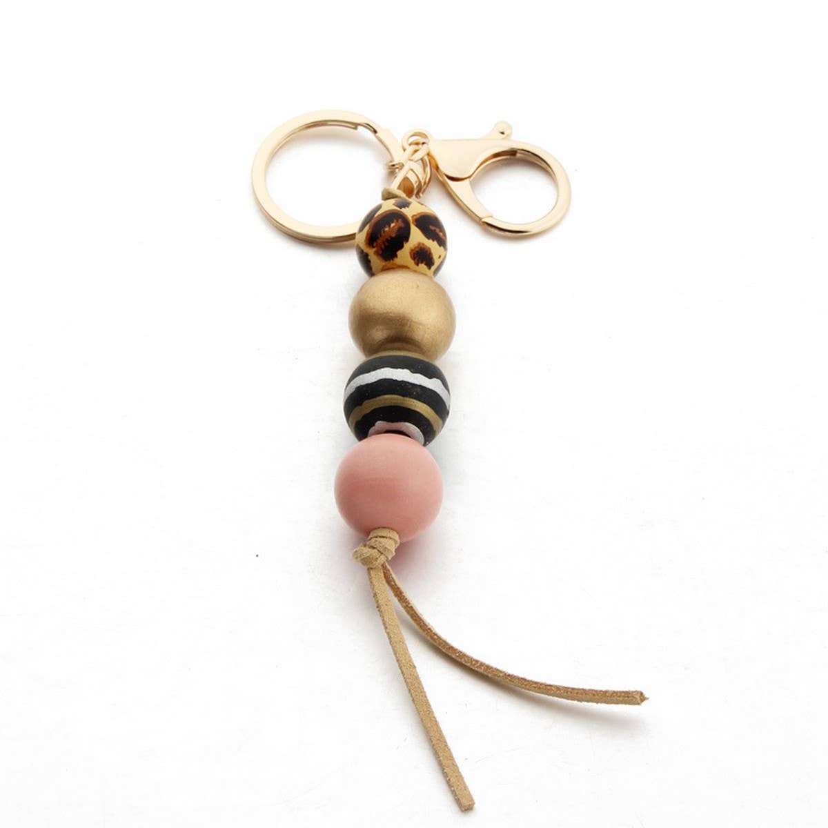 Leopard Wood Bead Keychain with Mini Tassel