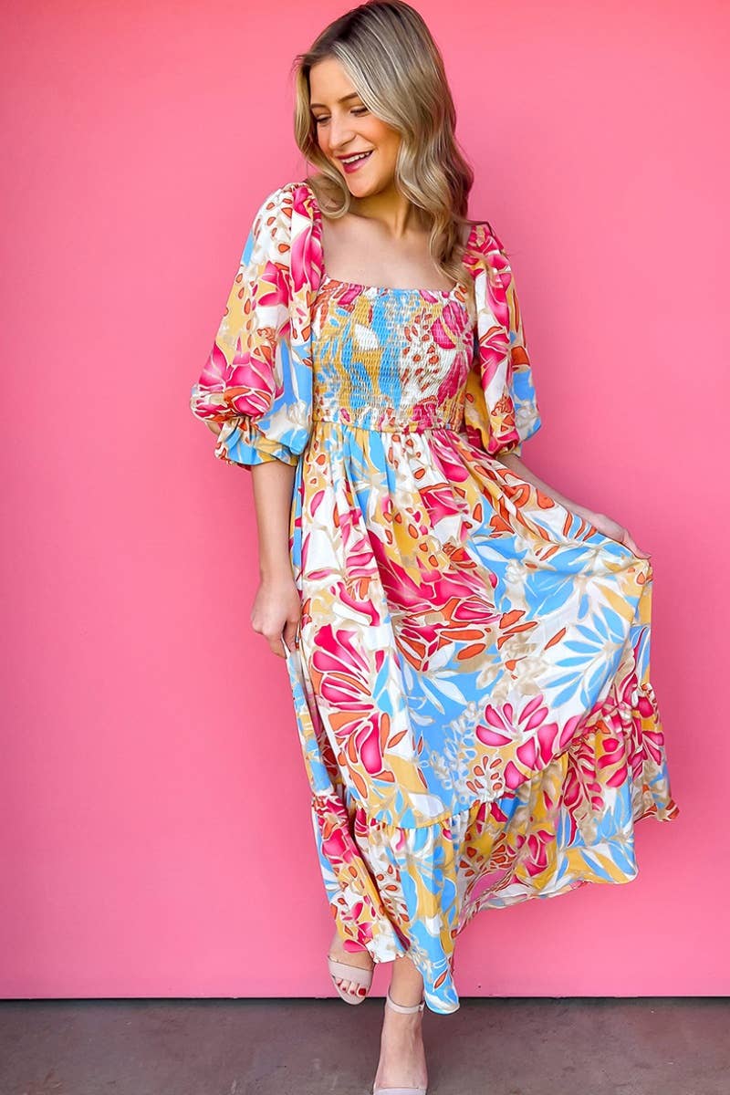 CWDMD3074_FLORAL PUFFED SLEEVE HIGH-WAISTED DRESS LONG