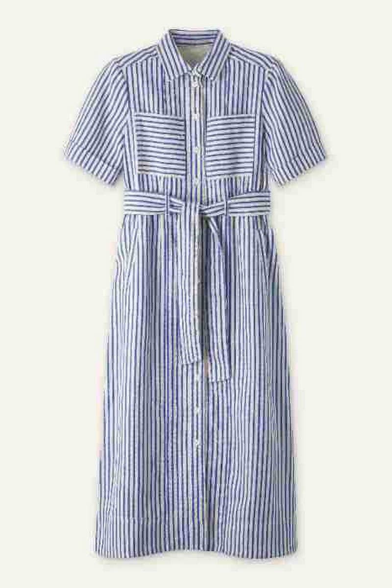 CWDMD6371_STRIPED BELTED CINCHED WAIST SHORT SLEEVE DRESS