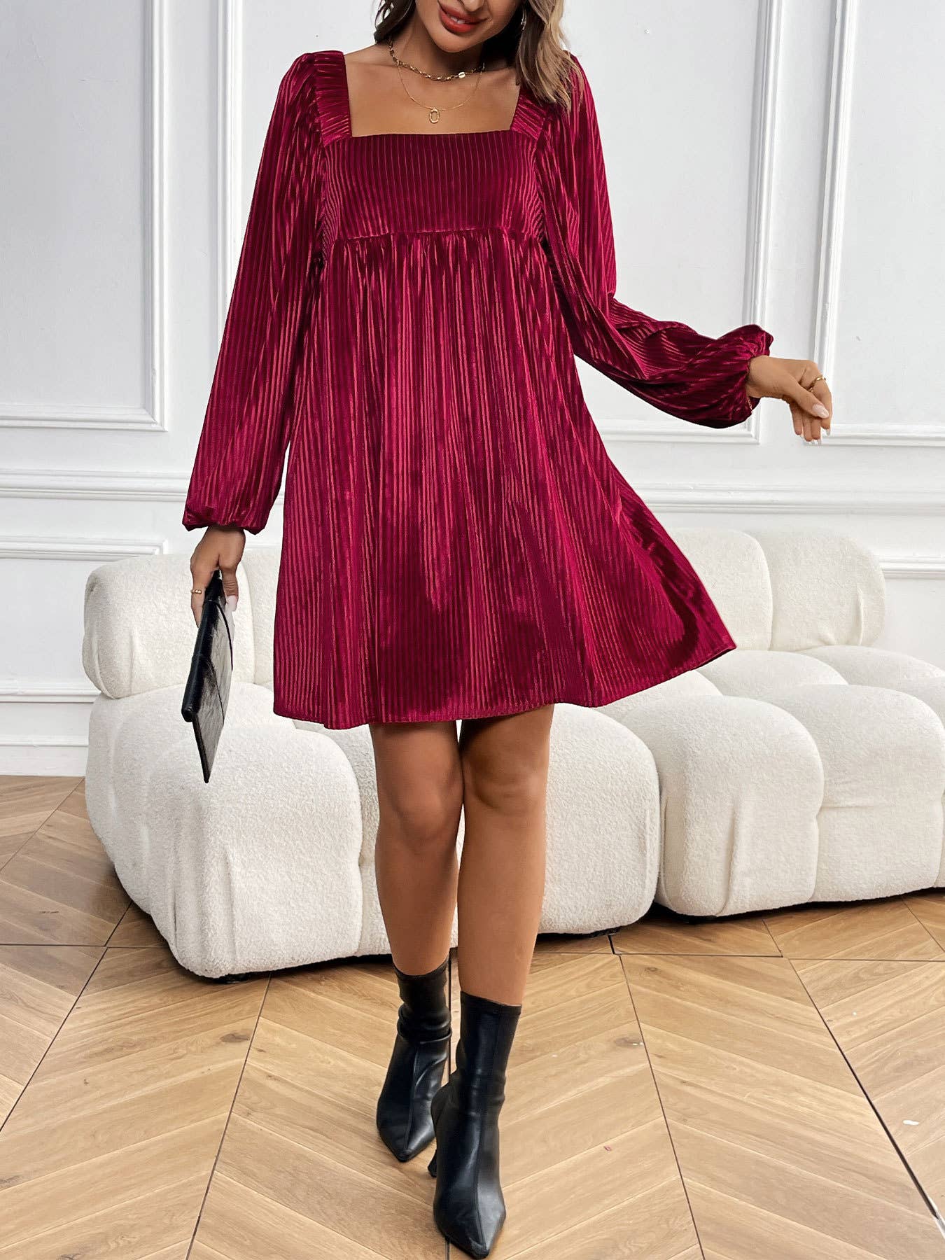 VELVET SQUARE NECK SOLID COLOR SHORT DRESS
