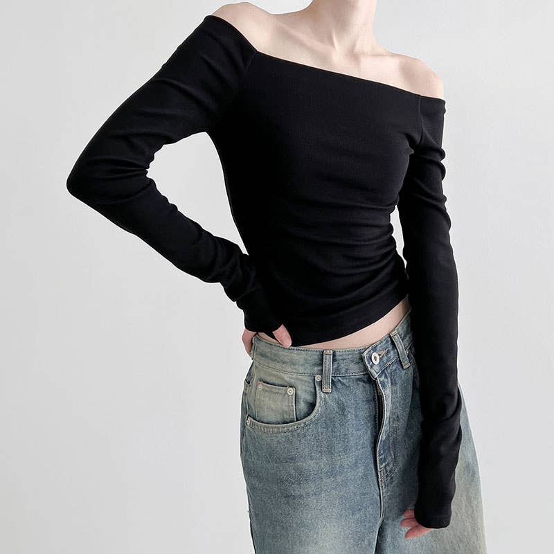 Basic simple solid-color one-shoulder T-shirt