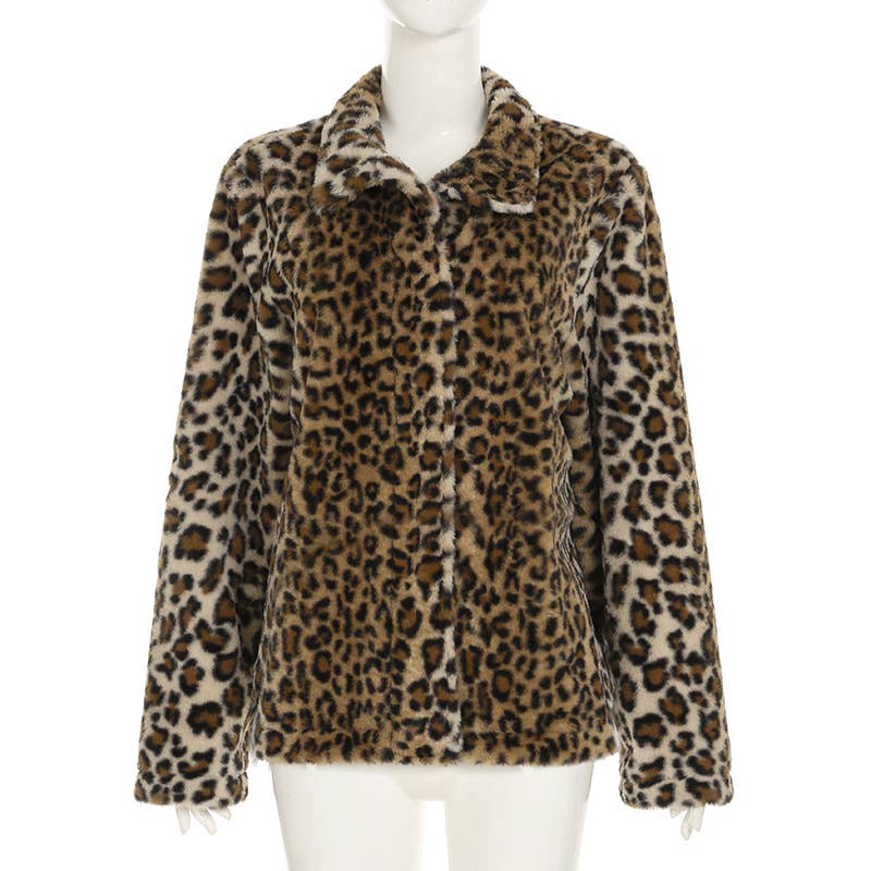 LEOPARD PRINT FUR LAPEL BAGGY VINTAGE ZIP HOODIE