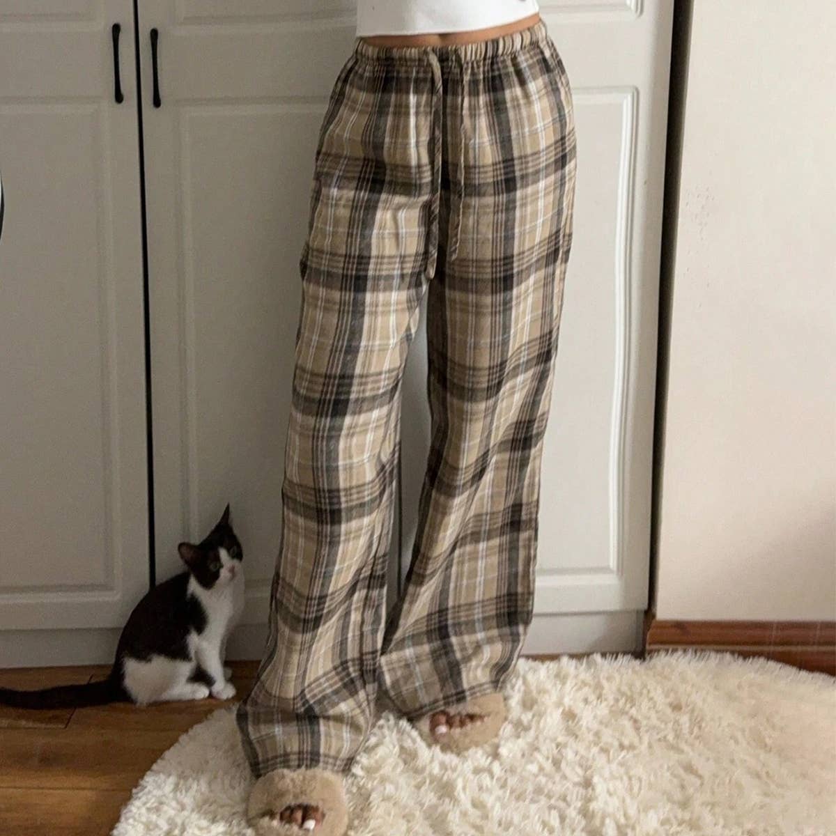 PLAID CASUAL HIGH-WAISTED STRAIGHT-LEG PANTS