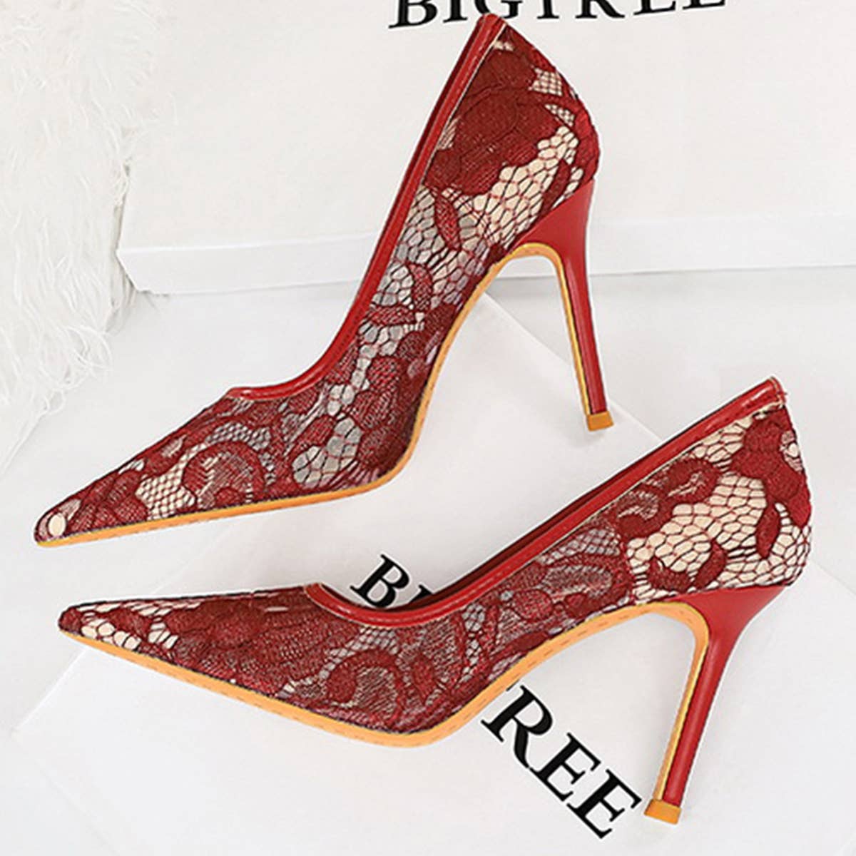 WOMEN MESH HOLLOW LACE POINTED TOE HIGH HEELS