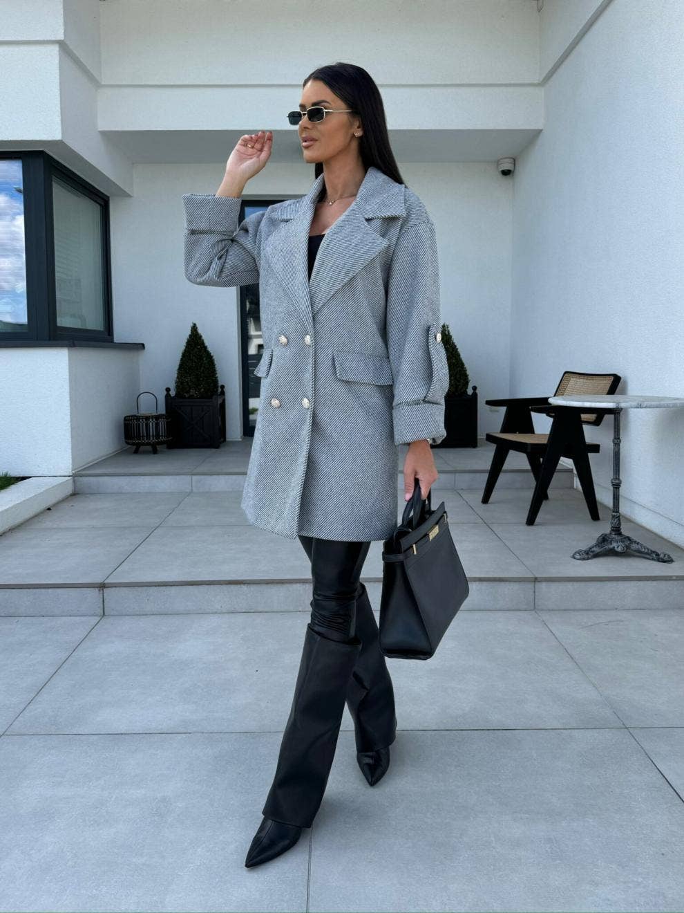 Solid-color H-shaped suit collar long jacket