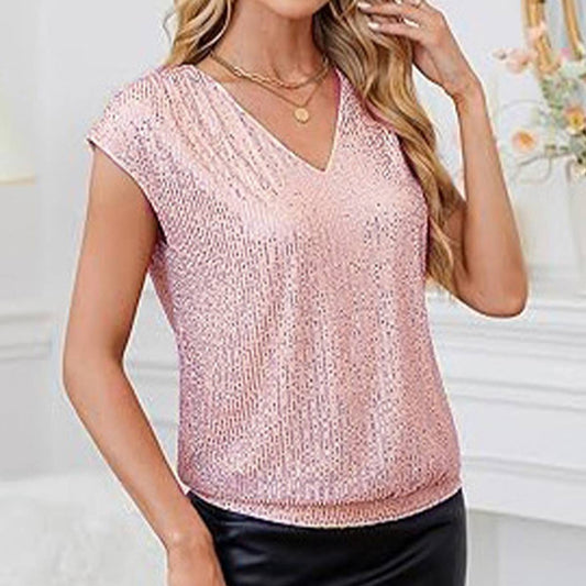 Solid color top rotator cuff sequined V-neck