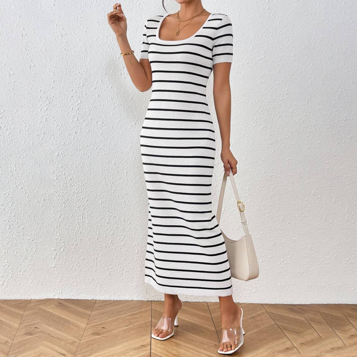 Striped patchwork short-sleeved U-neck dress