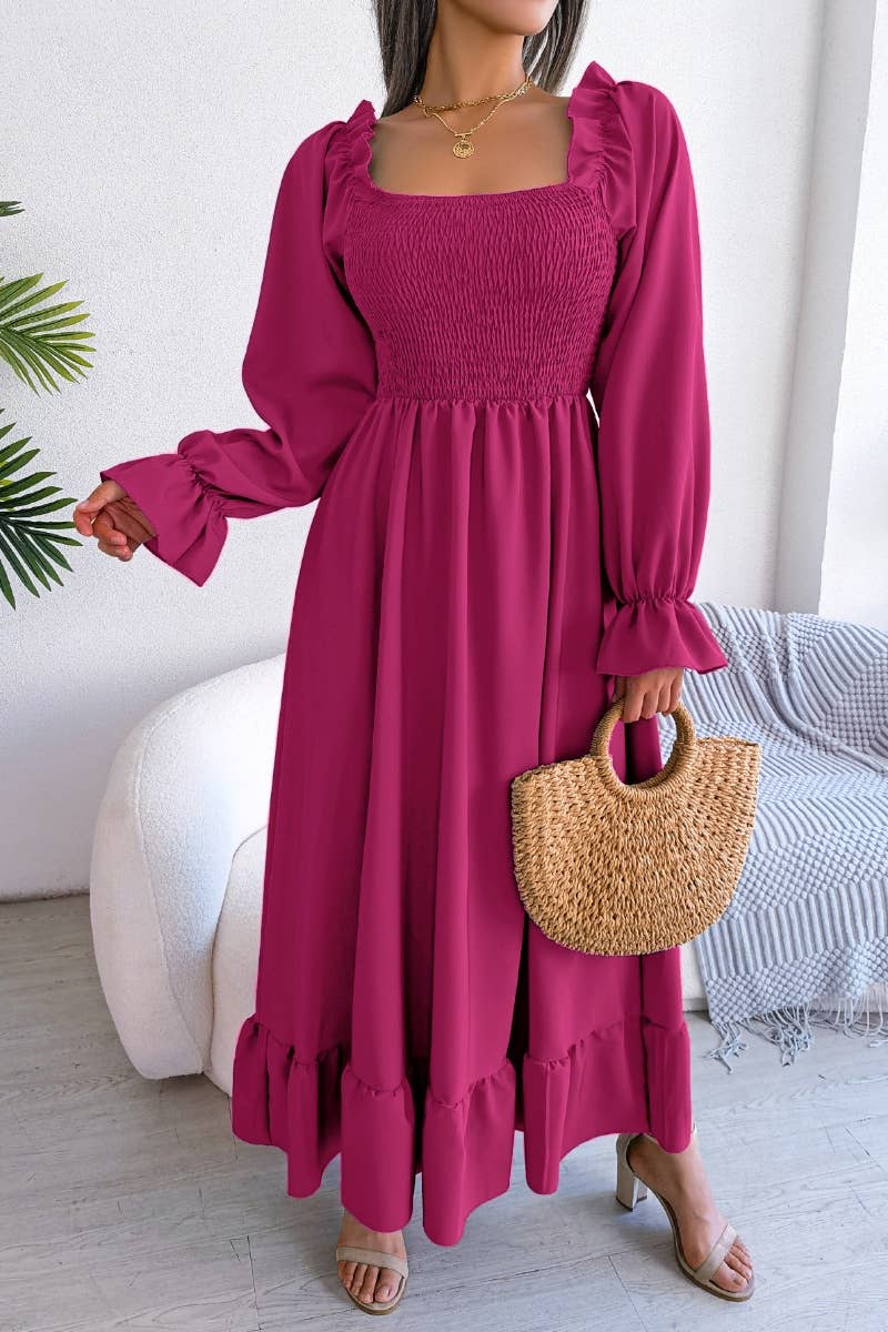 CWDMD2663_RUFFLED DRESS WITH SQUARE COLLAR FLARED SLEEVES