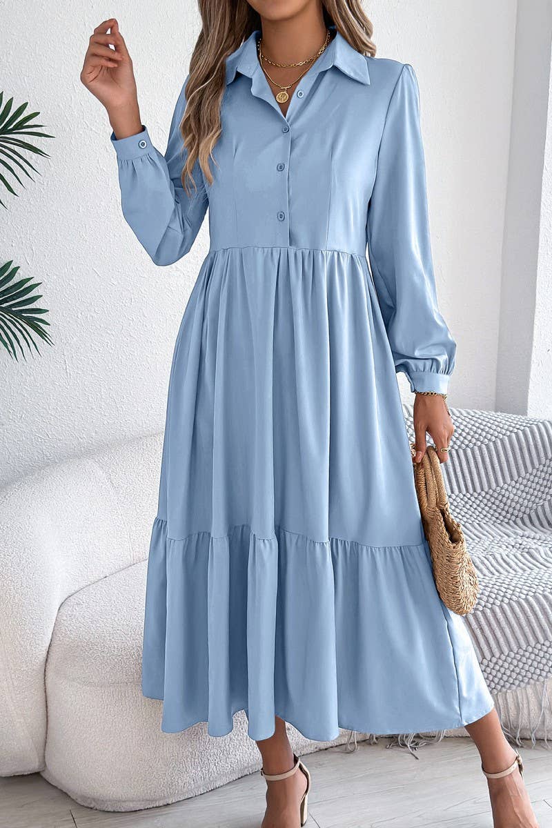 CWDMD6027_LOOSE FIT RUFFLE TRIM LONG SLEEVE SHIRT DRESS