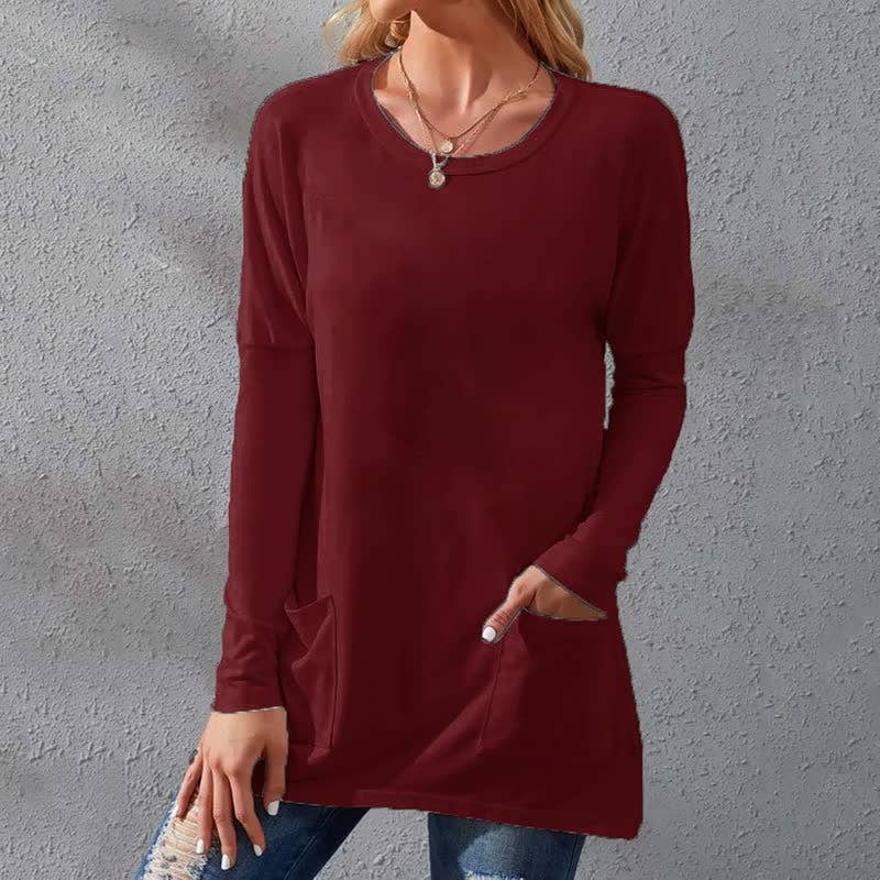 Solid-color loose round-neck pocket T-shirt