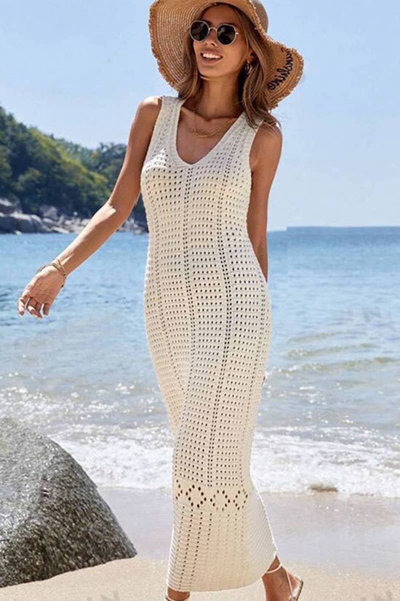 CWDHL0645_SOLID COLOR KNIT HOLLOW LONG VEST DRESS