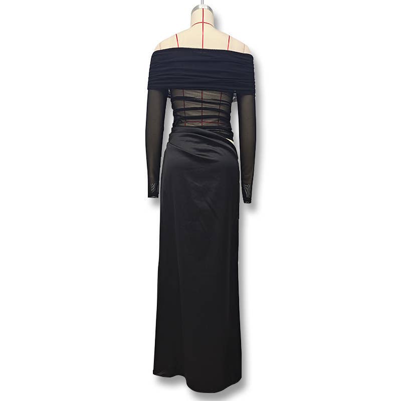 One-shoulder see-through mesh patchwork dress