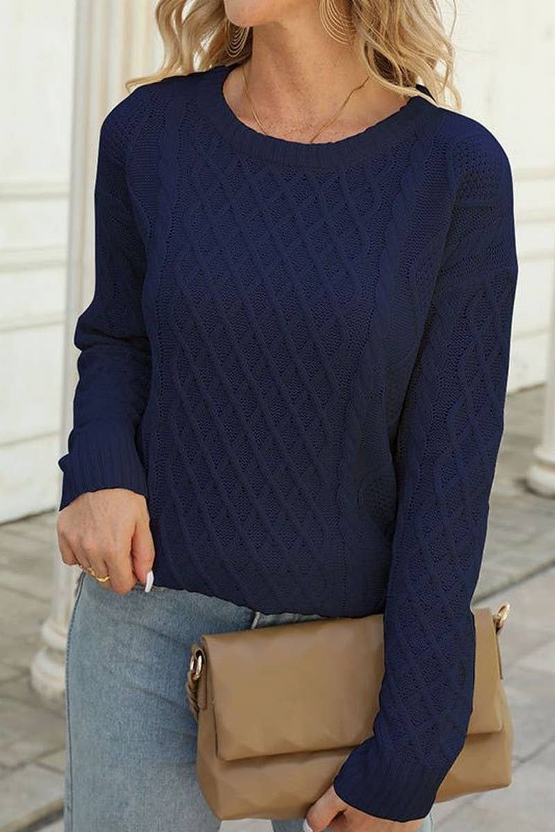 Stylish crew neck loose pullover with button cord