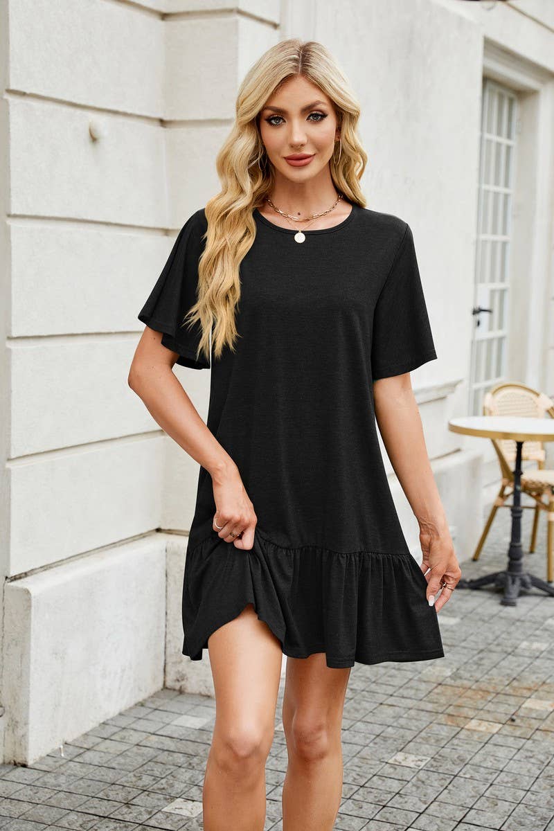 CWDSD7282_SOLID COLOR ROUND NECK LOOSE SHORT SLEEVE DRESS
