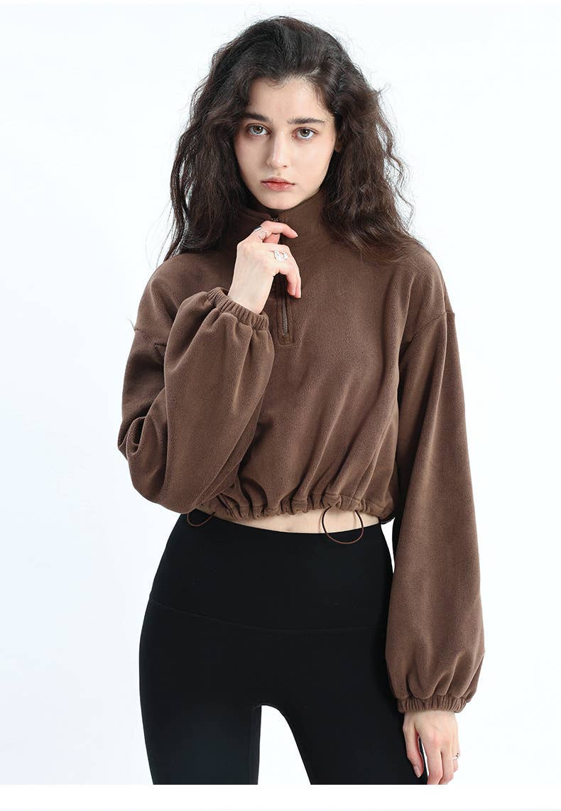 Adjustable hem semi-zipper fleece hoodie