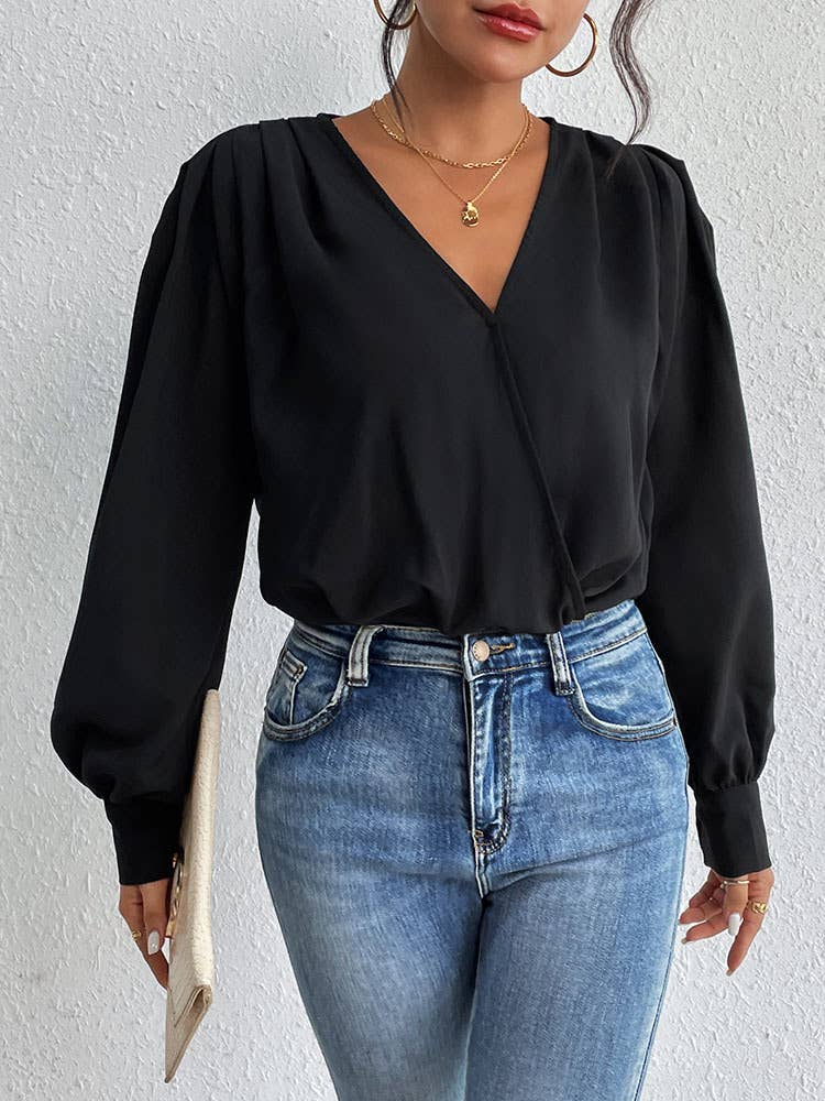 Simple long-sleeved V-neck jumpsuit