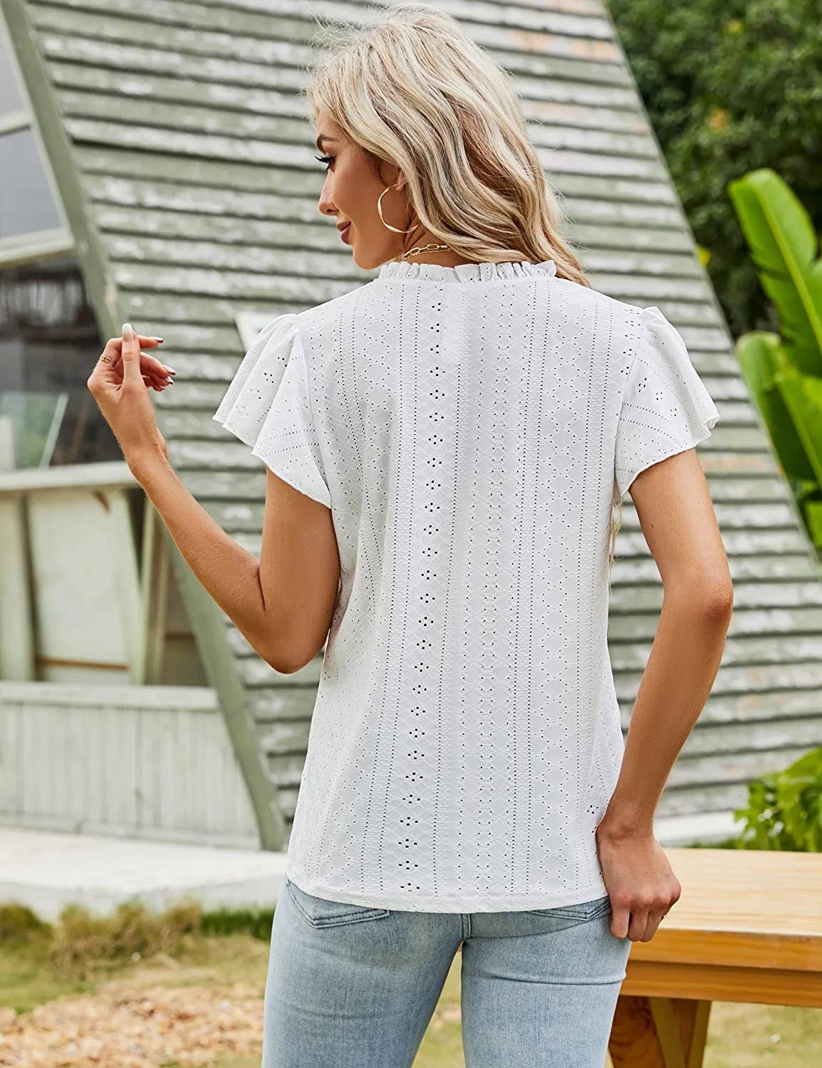 JACQUARD V-NECK STACK SLEEVE T-SHIRT TOP