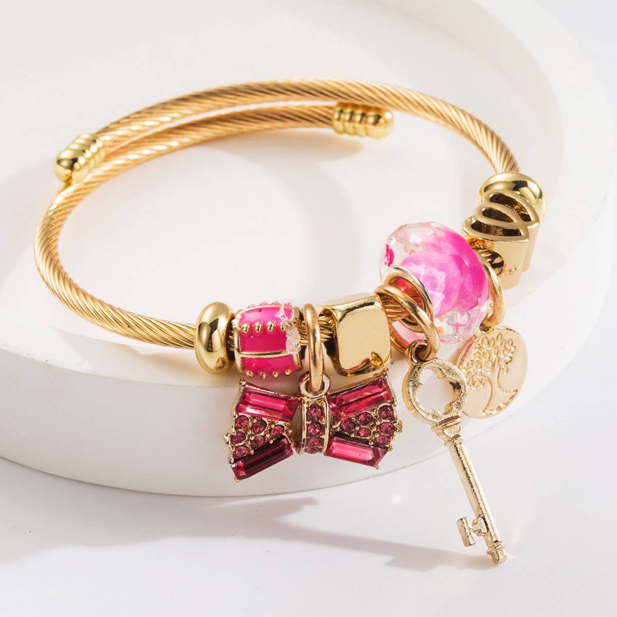 Gold Crystal Bow Charm Bracelet for Women