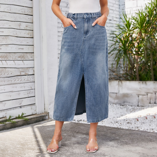 Women??¢s Washed Denim Midi Skirt with Slit_CWJSK0196