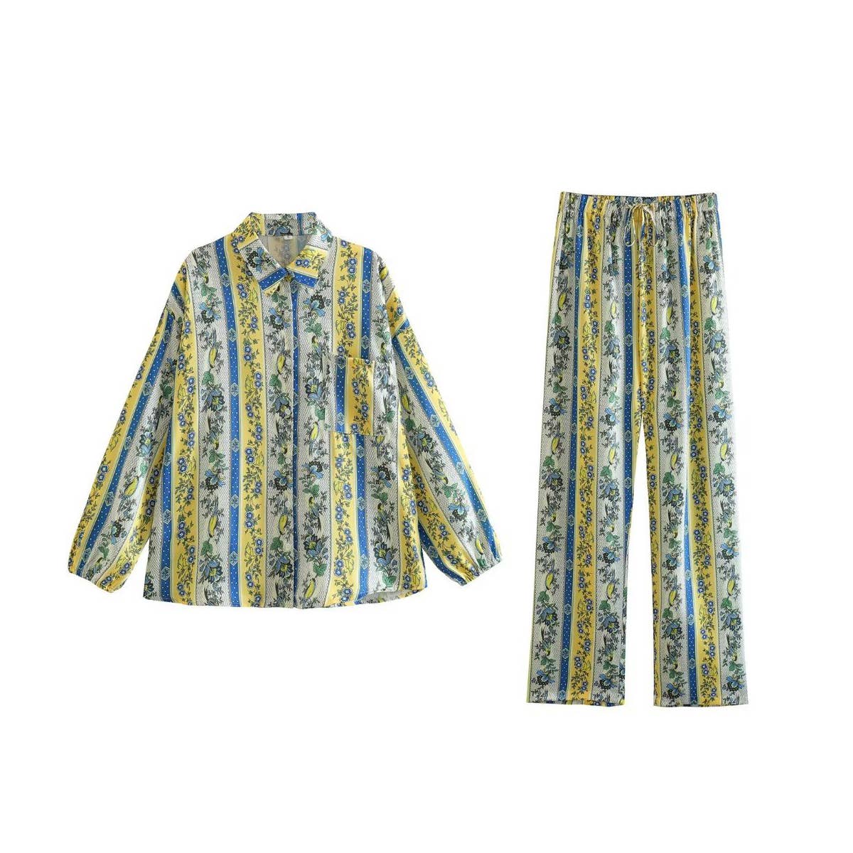 Ethnic style lapel top basic trouser suit